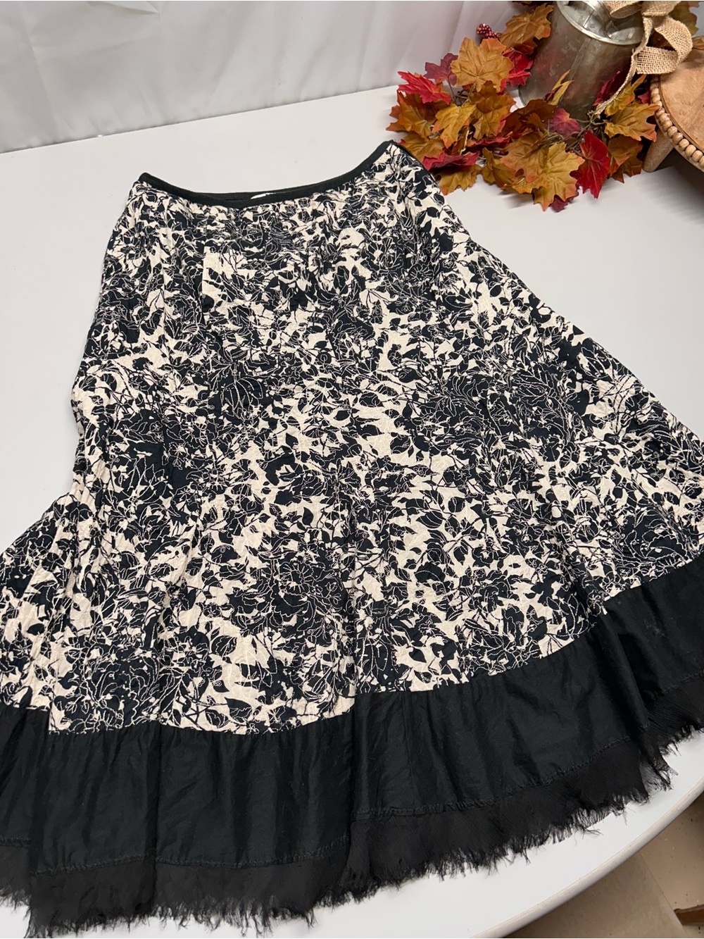 Black and Cream Floral A-Line Skirt with Black Ruffle Hem